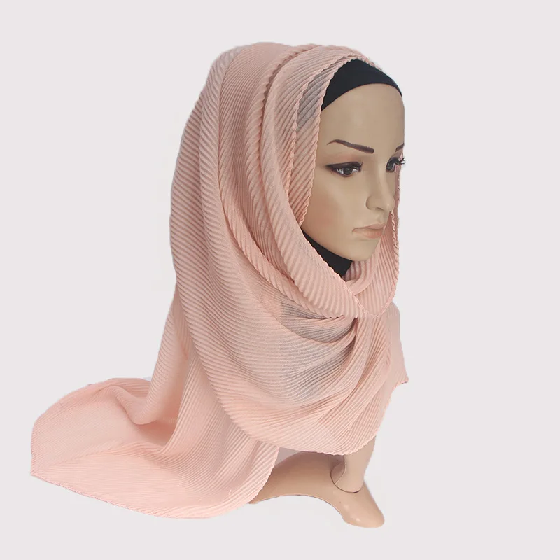 Женская мода Универсальный сплошной цвет морщинистый платок хиджаб шарф мягкий хлопок платок - Цвет: 1