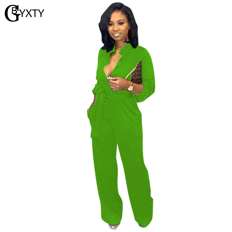 

GBYXTY Plus Size 3XL Ladies Workout Bandage Belt Jumpsuit Women Autumn Long Sleeve Button Wide Leg Jumpsuit Femme Overalls ZL437