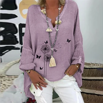 

Fashion Women Blouse Pajamas Plus Size Long Sleeve V-Neck Casual Loose Dandelions Butterflies Print Loose Shirt Hot Sale Top