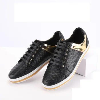 

Unisex Designer Authentic Real Python Skin Black Gold Color Men Casual Sneakers Genuine Snake Leather Male Lace-up Flats Shoes
