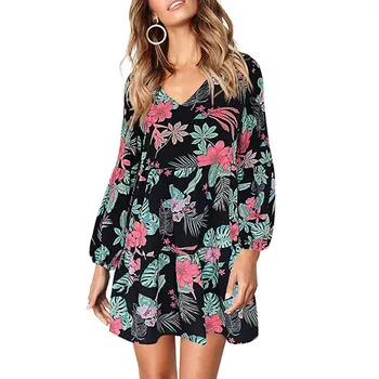 

Women's Bohemian Dress New Sexy Bohe Long Sleeve V Neck Mini Princess Dresses Spring Summer Fashion Casual Elegant Vestido # M