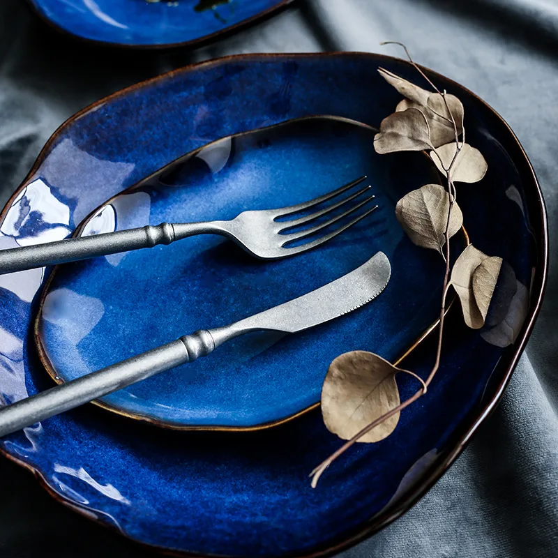 

Nordic Style Retro Ceramic Dinner Plate Living Room Household Dinner Plate Western Steak Plate Irregular Salad Fruit Plate