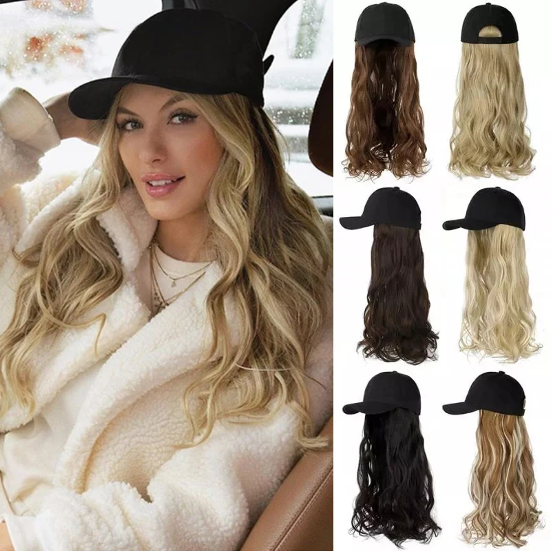 SHANGZI-Peluca de béisbol sintética para niña, gorro largo ondulado de color negro Natural, peluca de sombrero sintética con conexión Natural ajustable