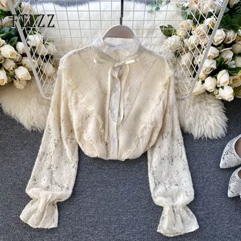 

New 2020 Spring Autumn Shirt Women's Irregular Pleated Ruffle Slim Stand Collar Blouse Ladies Elegant White Blusas Femininas