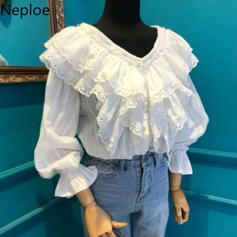 Neploe/ Новая блузка с кружевными рукавами в Корейском стиле, v-образный вырез, Лоскутная Блузка с оборками, однотонная тонкая Осенняя шифоновая рубашка 45825