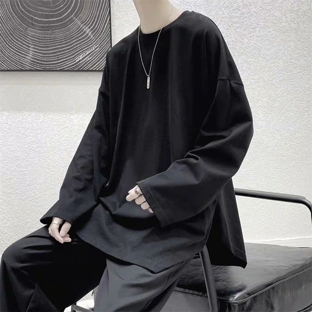 Irregular Loose Long Sleeve Men Tshirt Split Fork Fashion All-Match Solid Color Spring Summer Tops Oversized Japanese Streetwear black
