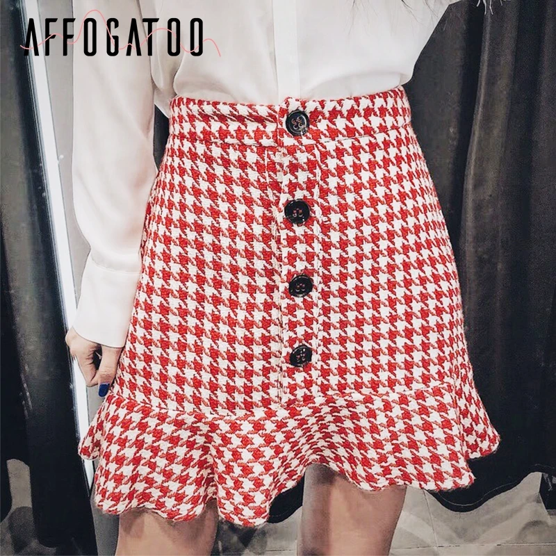 Affogatoo Casual streetwear two-pieces skirt suit women Elegant Double breasted plaid female suit sets office ladies blazer suit