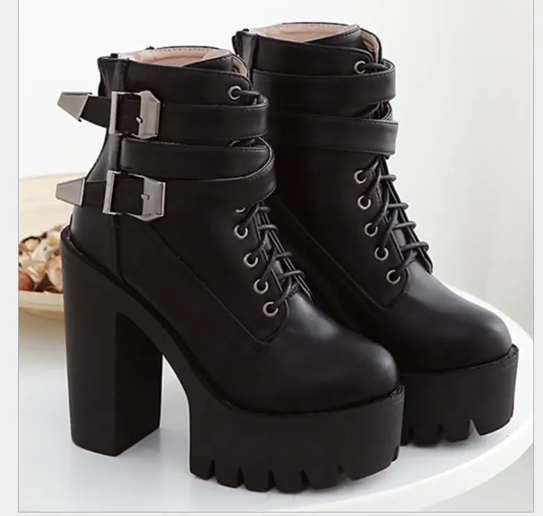 exy Metal sheets Black Ankle Boots Women Platform Soft Leather Autumn Winter Ladies Boots With Zipper Classic High Heels Shoes