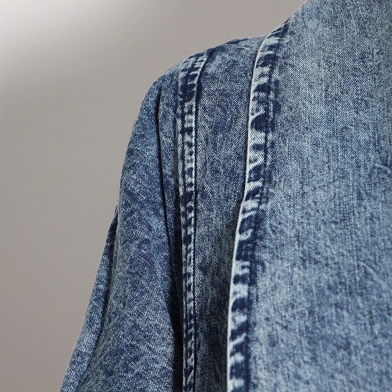 CHICEVER Blue Denim Trench For Women Lapel Batwing Three Quarter Sleeve Loose Big Size Windbreakers Female 2021 Autumn Clothing