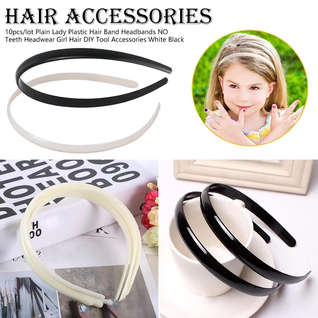 10pcs Plain Lady Plastic Hair Band Headbands No Teeth Headwear Girl Hair DIY Tool Accessories White Black