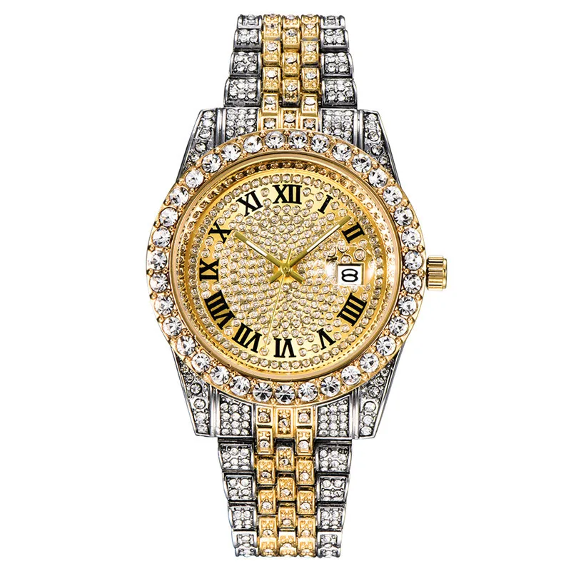 Full Diamond Men Watches Stainless Steel Calendar Watch Luxury Quartz Wristwatch For Man Fashion Male Clock relogio masculino