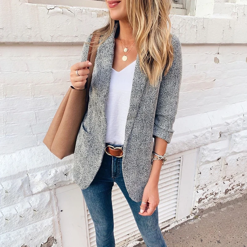 

New 2020 Autumn Winter Women's Blazers Solid Color Pockets Formal Jackets Notched Outerwear Office Ladies Casual Top