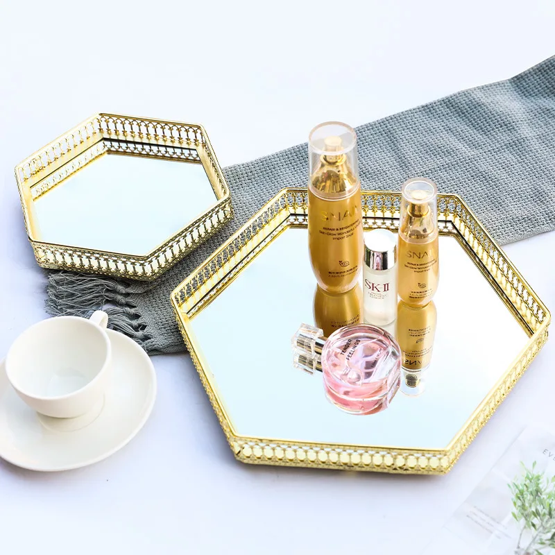 Luxury Golden Iron Delicate Glass Mirror Base Bedroom Desktop Jewelry Storage Tray Bedroom Desktop Cosmetic Decor Organize Plate 3