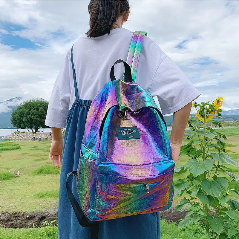  AIREEBAY Hologpraphic Women Backpacks Gradient Color School Bags For Teenage Girls Pink Waterproof  - 4000128474816