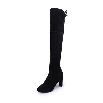 

Fashion Winter Hight Heel Boot Women Ladies Suede Over the Knee Thigh High Block Heel Lace Tie Boots