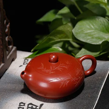 

Yixing teapot handmade kung fu kettle mud dahongpao classical pot carved bamboo drinkware