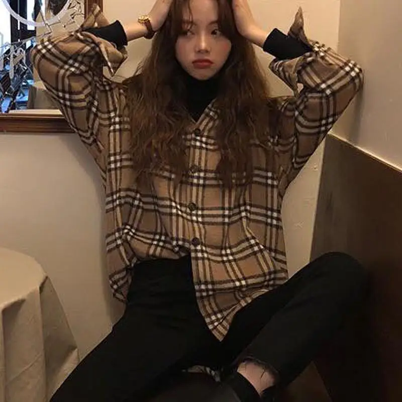 

women vintage oversize plaid shirts 2020 autumn chic ladies streetwear loose shirt elegant female outfits girls