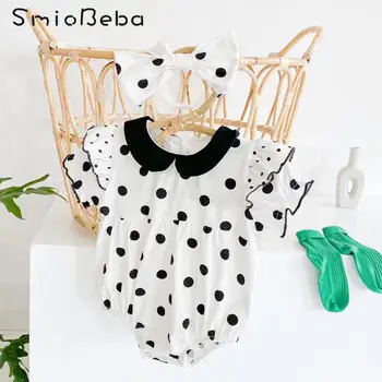 

Baby Children One-piece Rompers W/ Headband Clothes Girls Round Dot Fly Sleeve Sleeve Cotton Triangle Hardcover Creeper Jumpsuit