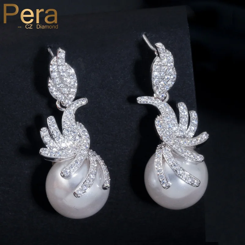 

Pera Full Paved Gorgeous CZ Stone Bridal Simulated Pearl Hanging Drop Earrings for Elegant Women Dress Jewelry Accessories E339