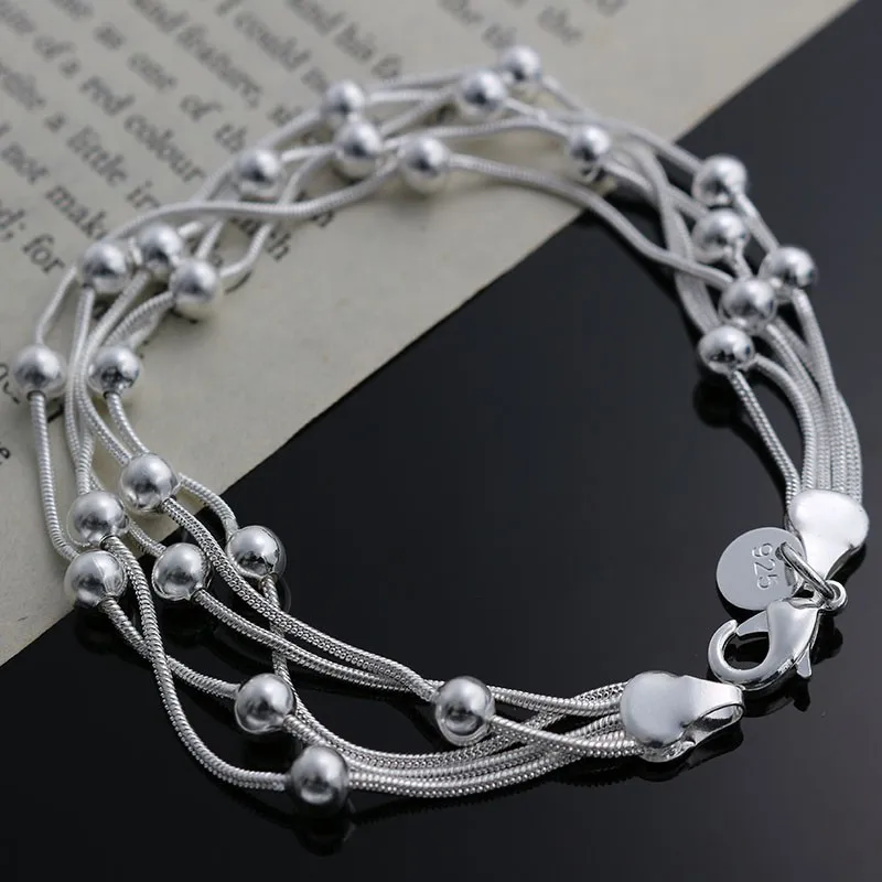 Delicate S925 Silver Color Bracelet for Gift Women Fashion Jewelry 5 Line Gloss Ball Beads Bracelet LKNH234