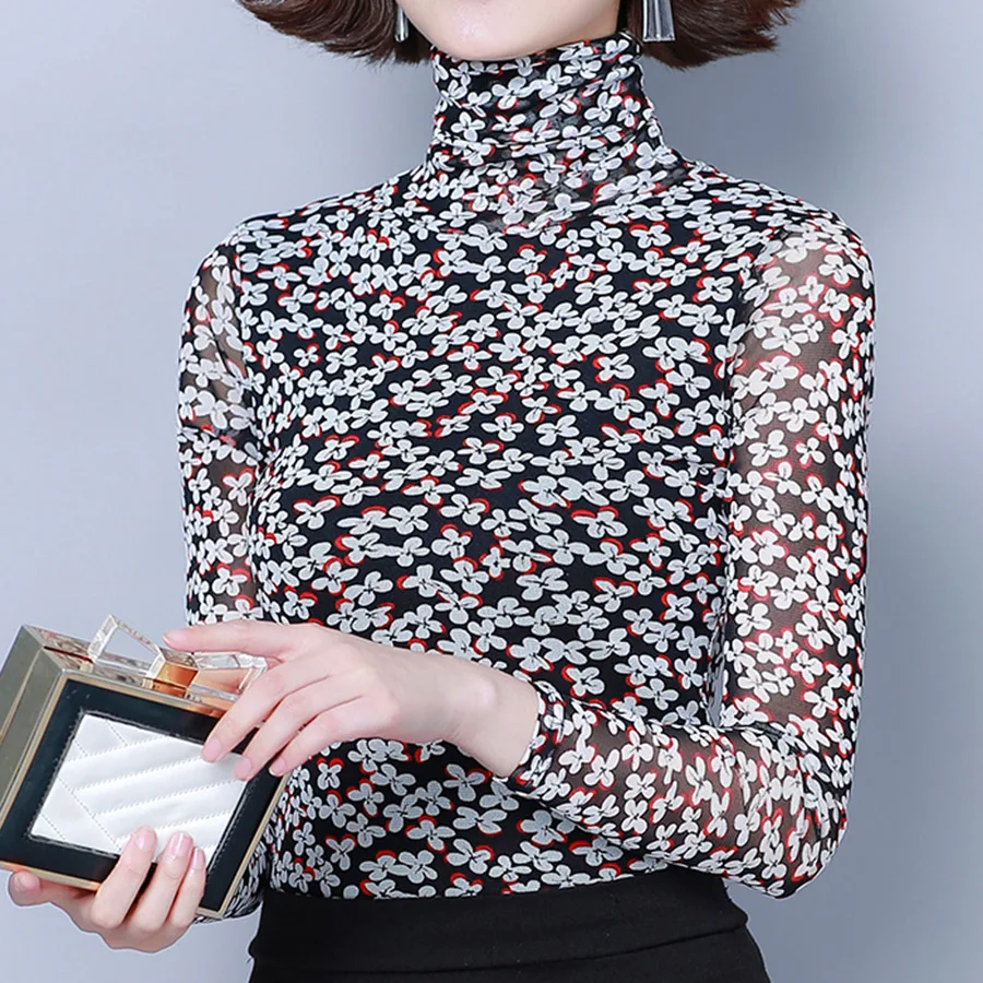 

Mesh top high collar bottoming shirt female long-sleeved t-shirt 2019 autumn and winter new print elegant t shirt women tops