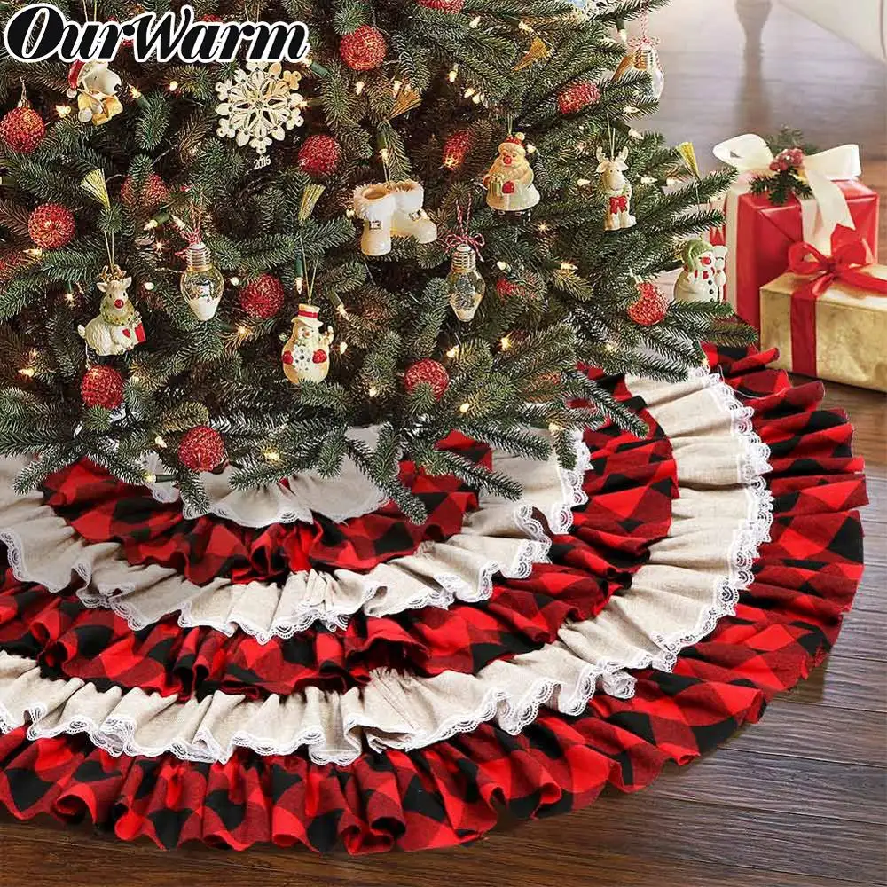Baratos Nuestra cálida falda de árbol de Navidad a cuadros de 48 pulgadas con borde de volantes alfombra redonda bajo el árbol de Navidad para decoraciones navideñas de vacaciones