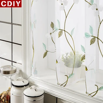 

CDIY Embroidered Short Sheer Curtains for Kitchen Half Window Curtain Floral kitchen Sheer Drapes Living Room Window Treatments