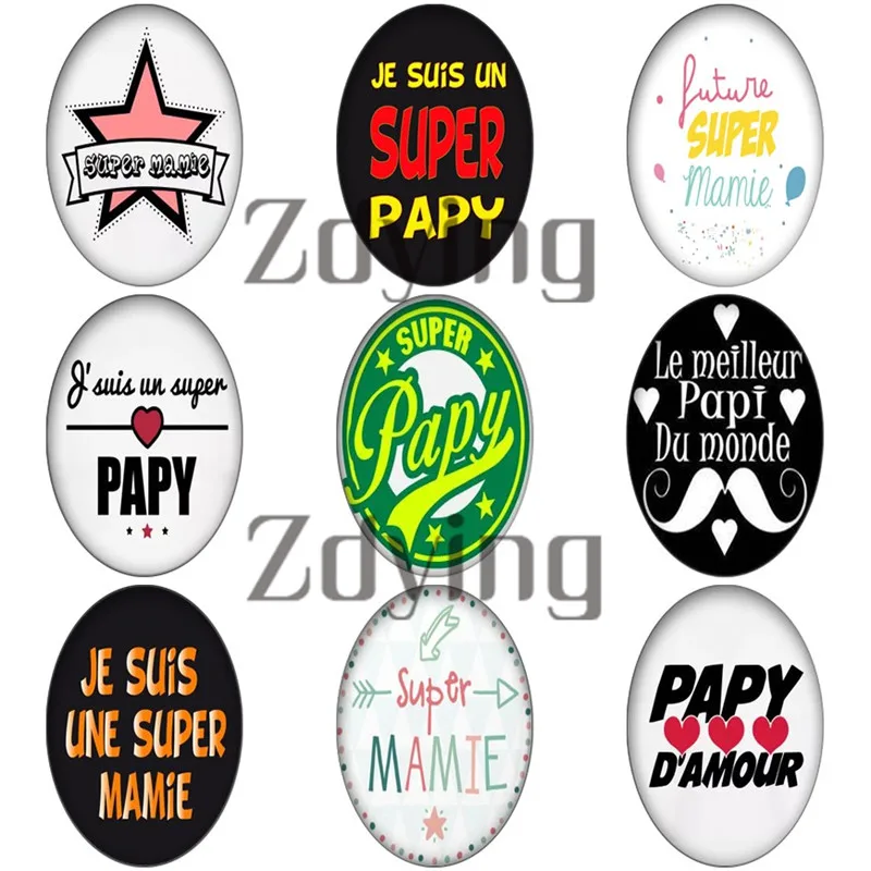 

Zdying 10pcs/lot Oval Shape DIY Glass Cabochons Je Suis Un Super Papy Mamie Domed Demo Flat Back Jewelry Findings