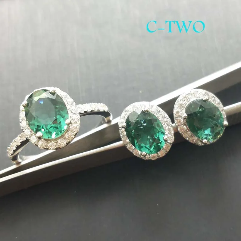 C-TWO ювелирный набор кольцо и серьги Модный 925 Стерлинговое Серебро красивый драгоценный камень набор подарок на день рождения для женщин - Цвет камня: Зеленый