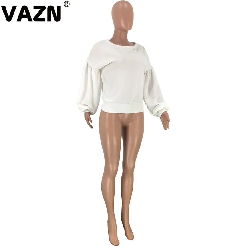 VAZN, новинка, Весенняя женская мода, бодикон, сексуальная Женская Весенняя футболка, одноцветная, с пышными рукавами, с круглым вырезом, футболка, Офисная Женская одежда, футболка