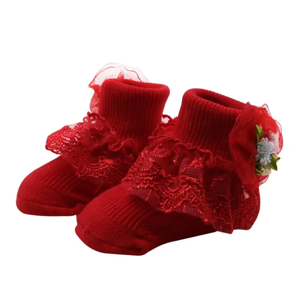 Хлопковые кружевные вечерние носки принцессы с цветочным принтом для маленьких девочек 0-12 месяцев - Цвет: R