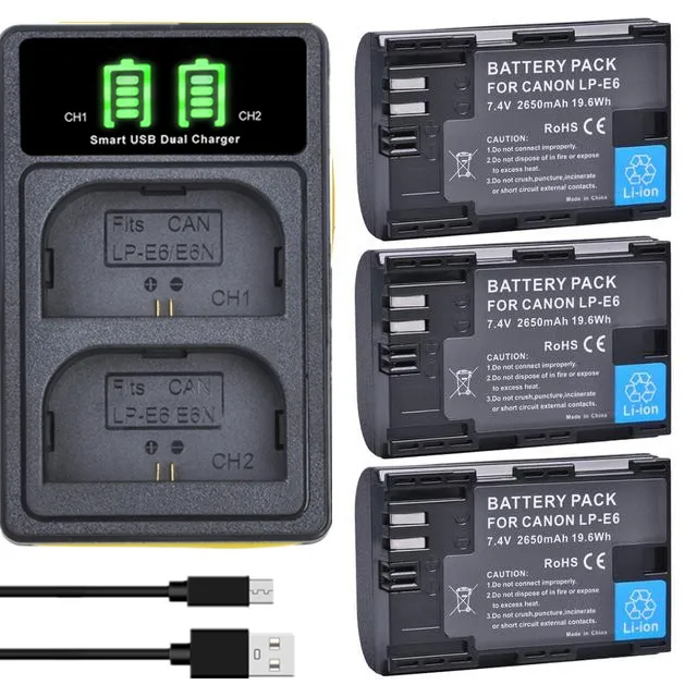 2650Mah Lp-E6 Lp E6 Lp-E6-E6N Pacco Batteria + Led Doppio Caricatore Per Canon Eos 5Ds R 5D Mark Ii 5D Mark Iii 6D 7D 60D 70D 80D R5 Xc10