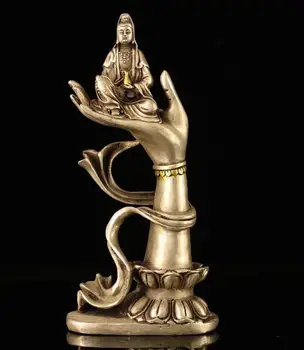 

7" qianlong Chinese Antique bronze handmade silvering hand guanyin statue