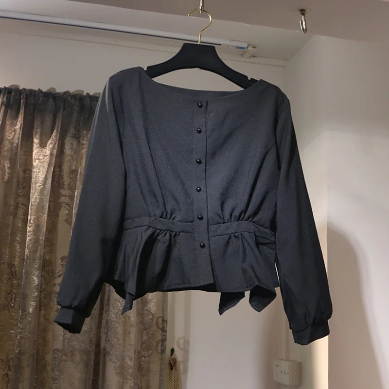 

2019 Autumn New Fashion Women Shirts Solid Color Irregular Ruffled Ladies Blouses and Tops Cotton and Linen Women Clothing