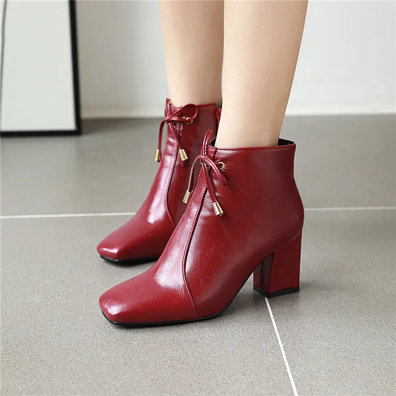 

YMECHIC Autumn Winter High Heel Boots Square Toe Lace Up Knot White Black Wedding Party Office Shoes Woman Ankle Boot Plus Size