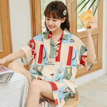 

100% Cotton Female Sleepwear Set Soft Ladies Homewear Turn-down Collar Underwear Big Size Pijama Short Sleeve Shorts Nighty