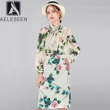 

AELESEEN 2020 Summer Fashion Runway Casual Suit Women's Blouses and Rose Floral Print Skirts Two Pieces Set Elegant Suits