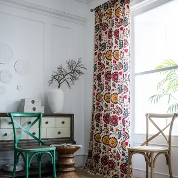 

Bohemian Curtains Printed Window Drapes American Tassel Cotton Linen Kitchen Curtain Country Style Window Curtain Living Room