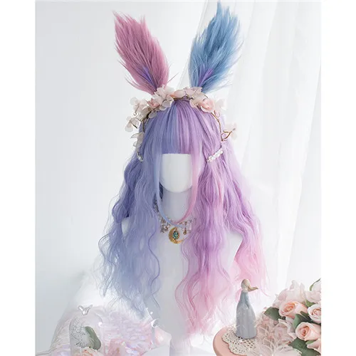 Wig Headband Кролик 65 см фиолетовый розовый градиент Харадзюку Лолита парик волосы на каждый день длинный волнистый парик для косплея+ Кепка принцесса сладкие японские парики - Цвет: Wig Headband