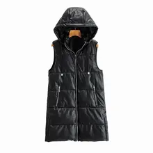 

Sleeveless Hooded Vest Women Fashion Zipper PU Leather Jacket Women Elegant Long A-line Vest Women Pure Color Parka Coat Women