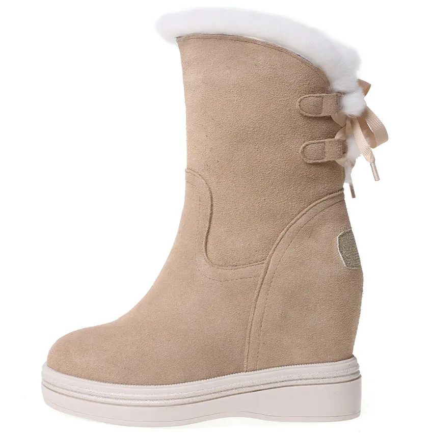Punk Goth Trainers Women Cow Leather Wedges High Heel Snow Boots Rabbit Fur Platform Pumps High Top Winter Warm Fashion Sneakers