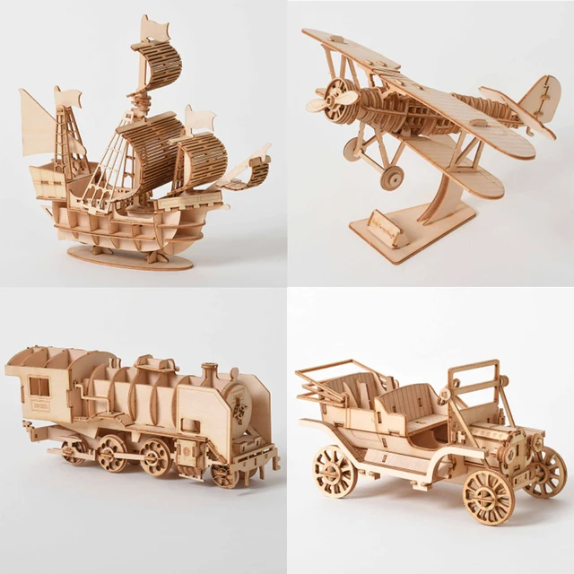 Laser Cutting 3D Wooden Puzzle Sailing Ship Biplane Steam Locomotive Train Toys Assembly Kits Desk Decoration for Children Kids 1