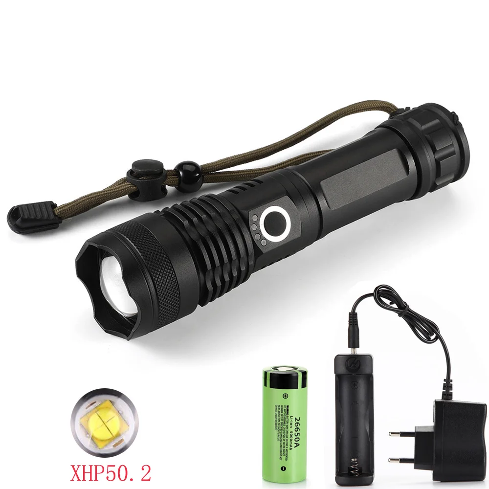 

Rechargeable XHP50.2 High Lumens LED Flashlight Zoomable 5 Modes USB Tactical Bright Torch Waterproof Handheld Light kit