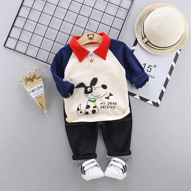 

Fashion Autumn Children Spelling Sleeve Puppy Jeans Unlined Set Children's Garment Lapel Suit