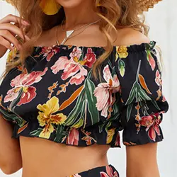 Новинка 2019 года, комплект из 2 предметов, женские топы + шорты, летний модный сексуальный комплект с открытыми плечами, винтажный цветочный