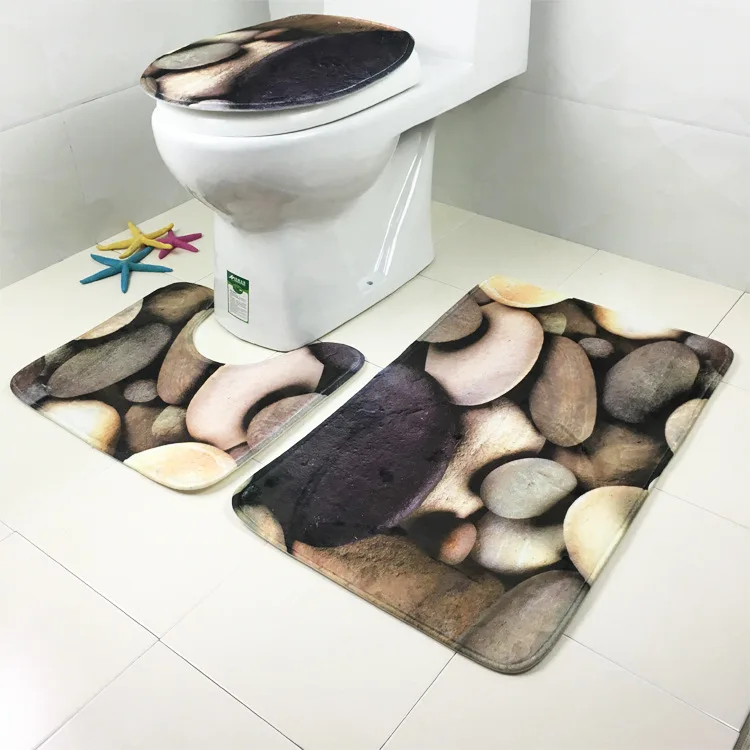 

Cobbled Printing Bathroom Mat Set Flannel Anti-Slip Kitchen Bath Mat Carpet Toilet Rug Washable Toilet Lid Cover Rug Floor Mats