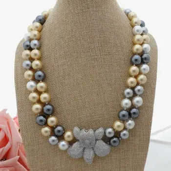 

21" 2 Strands 12mm Multi Color Sea Shell Pearl Necklace CZ Pave Flower Pendant