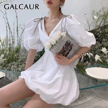 

GALCAUR Korean Bowknot Woman's Dress V Neck Puff Sleeve Large Size Loose Mini Dresses Female Summer Fashion New Clothes 2020