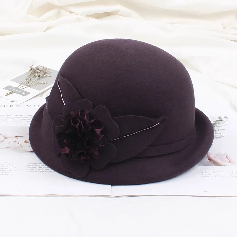 Pure Wool Hat Women Bucket Caps Female Lady Fedoras Floral Woolen Doom Hat Solid Color Quality Soft Warm for Dress Party - Цвет: Фиолетовый