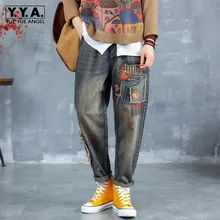 Винтажные женские джинсы с мультяшной вышивкой, женские длинные джинсовые шаровары с эластичной резинкой на талии, ретро повседневные свободные джинсы, брюки